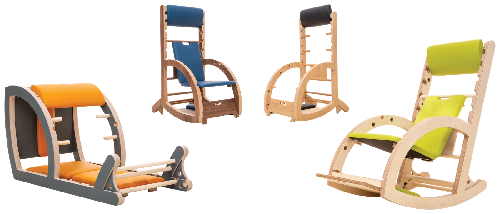 Vier be2move-Varianten nebeneinander: Liegeposition, Stehposition und Schaukelposition in verschiedenen Farben